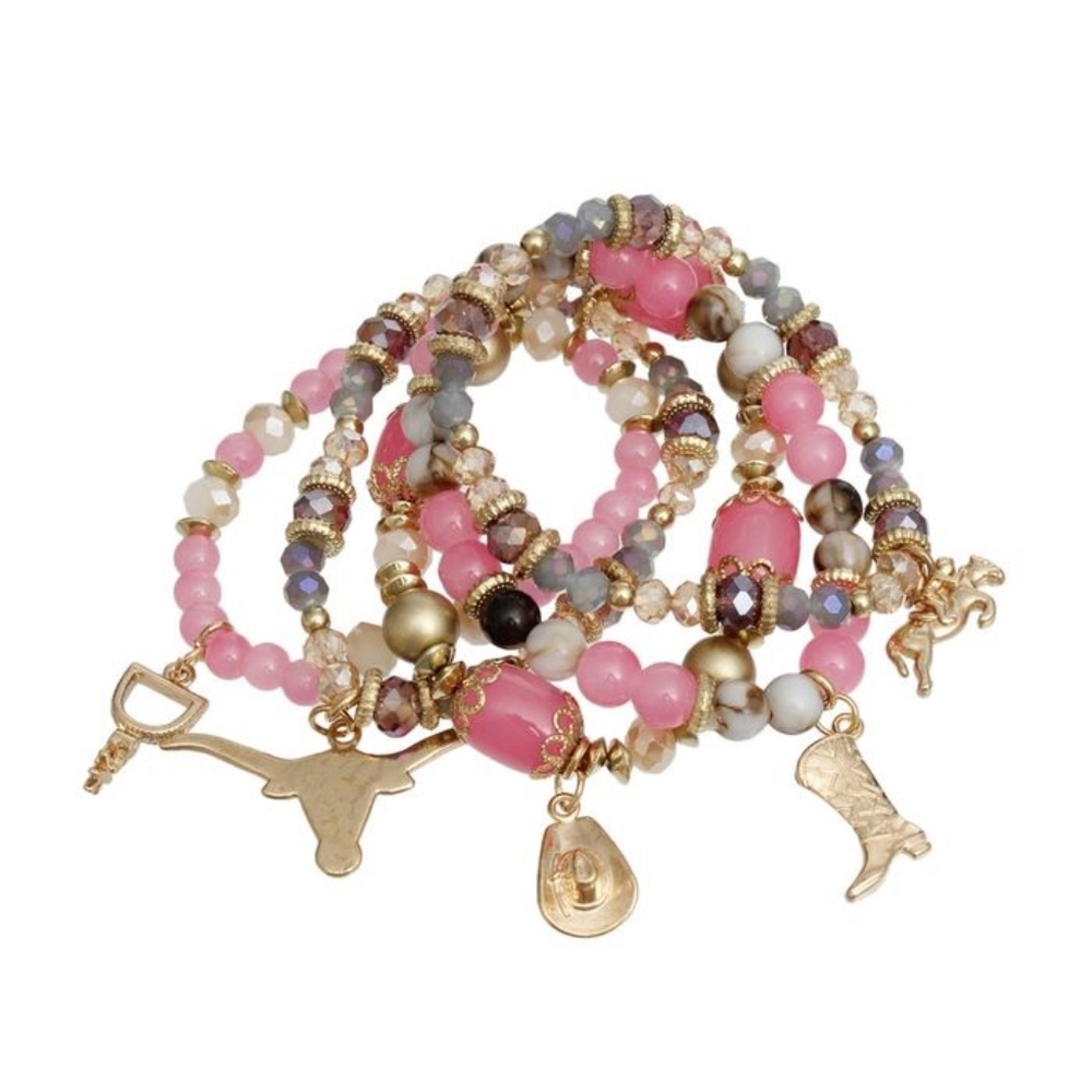 BOHO Southwest Cowgirl 5 Pc Pink Bracelet Stack - Picture 2 of 3